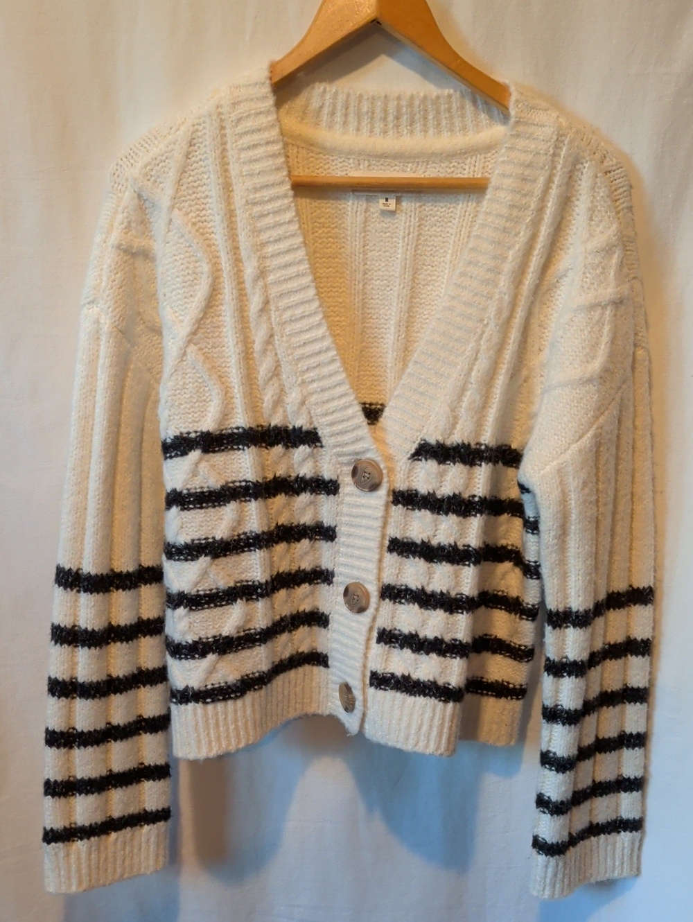 Lucky Brand Cream and Black Striped V‑Neck Cardigan